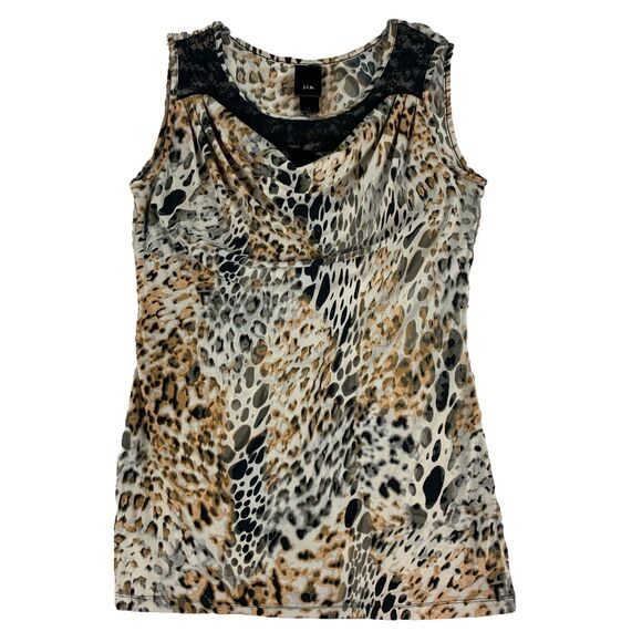 j.t.b Womens Animal Print Sleeveless Blouse Size Medium Cowl Neck Lace Tunic - Picture 1 of 9